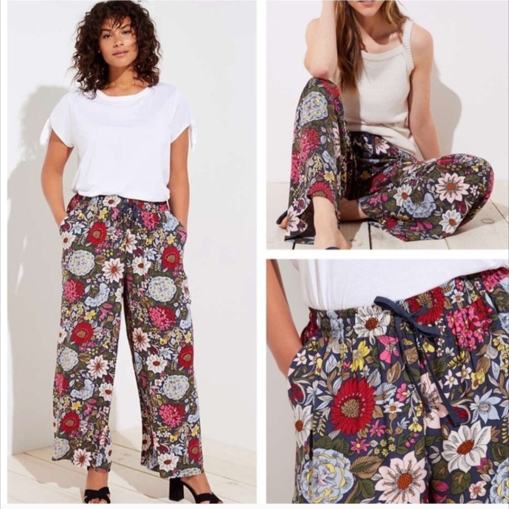 LOFT Wide Leg Floral Pants - Navy Multi